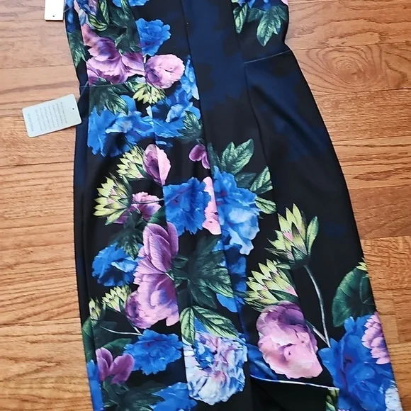 Sleeveless Black Floral Sheath Dress with Blue & Pink Blooms - Picture 3 of 3